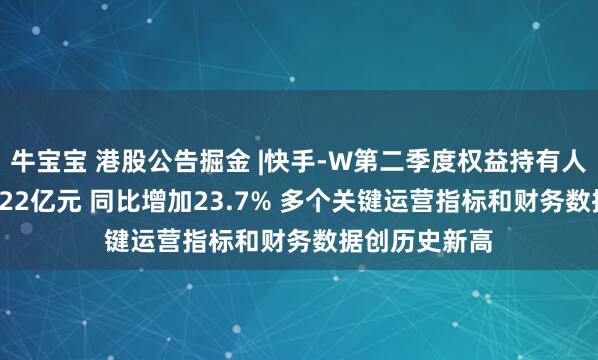 牛宝宝 港股公告掘金 |快手-W第二季度权益持有人应占溢利49.22亿元 同比增加23.7% 多个关键运营指标和财务数据创历史新高